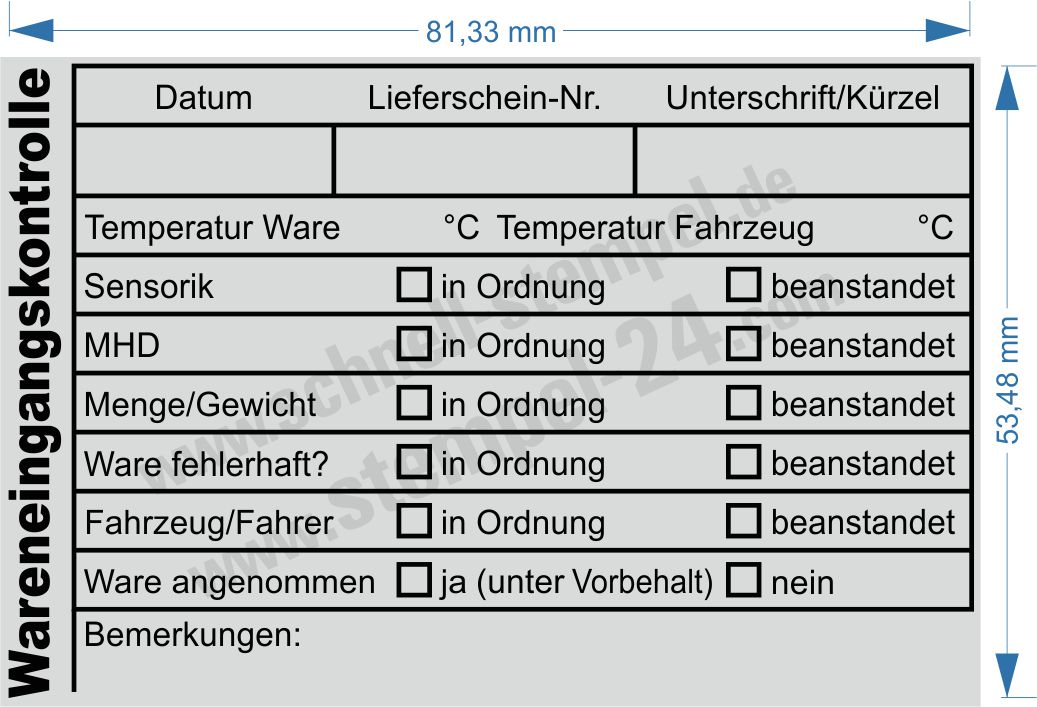 Muster Stempel Wareneingangskontrolle Mindesthaltbarkeitsdatum Temperatur