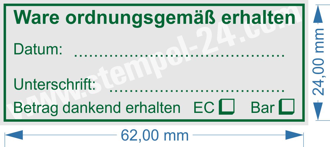 Stempel Abdruckfarbe Grün Ware ordnungsgemäß erhalten bezahlt mit EC / Bar