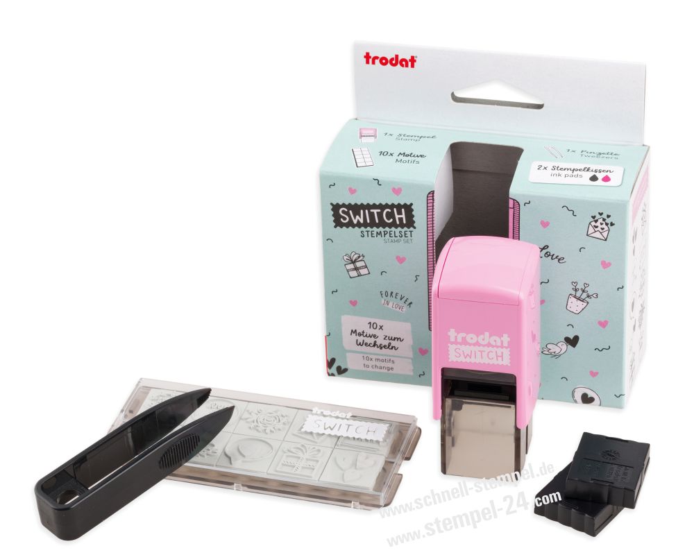 Stempel Liebesbotschaften Trodat Switch Pastell-Rosa Verpackung