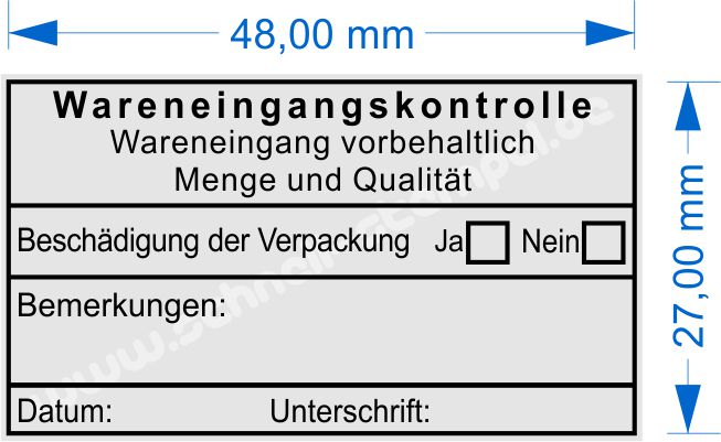 Textplatte: Wareneingangskontrolle, Wareneingang vorbehaltlich Menge und Qualität, Beschädigung der Verpackung, ja, nein.