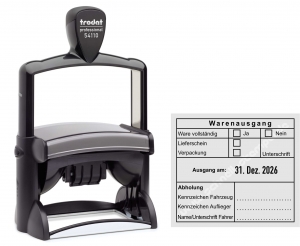 54110 Trodat Professional Warenausgangsstempel-Ware vollständig-Lieferschein-Verpackung-Unterschrift-Kennzeichen Fahrzeug-Kennzeichen Auflieger