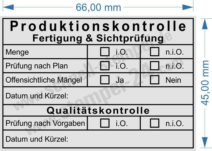 Industrieller Prüfstempel mit klar lesbarem Abdruck „Produktionskontrolle – Fertigungsprüfung – Sichtprüfung – Qualitätskontrolle“. Der Stempel liegt auf einem Prüfprotokoll bzw. Produktionsdokument und symbolisiert die Kennzeichnung geprüfter Bauteile, Wareneingänge und Fertigungsprozesse. Ideal für Qualitätssicherung, industrielle Fertigung und dokumentierte Prüfabläufe. Sichtbare Markierung für „geprüft“, „kontrolliert“ und „freigegeben“, wie sie in Produktion, Lager und QS‑Prozessen üblich ist