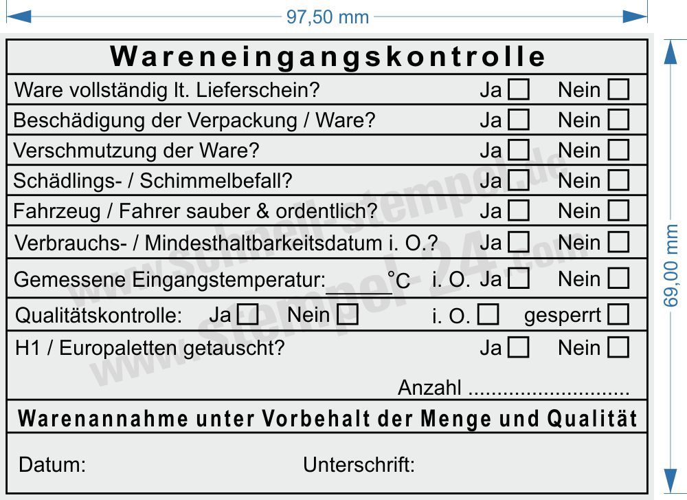Stempel Wareneingangskontrolle Temperatur Sauberkeit Palettentausch