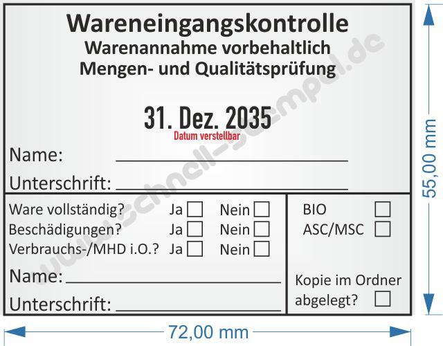 Muster Stempel Wareneingangskontrolle Mengen Qualitätsprüfung ASC / MSC