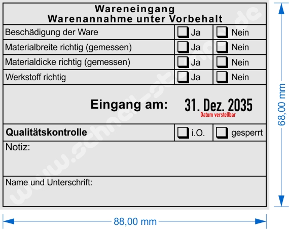 Muster Wareneingangsstempel Werkstoff Materialgröße