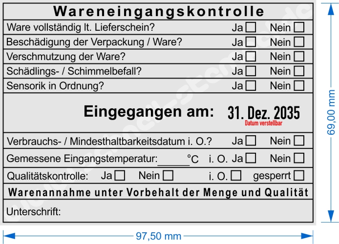 Muster Stempel Wareneingangskontrolle Qualität Eingangstemperatur