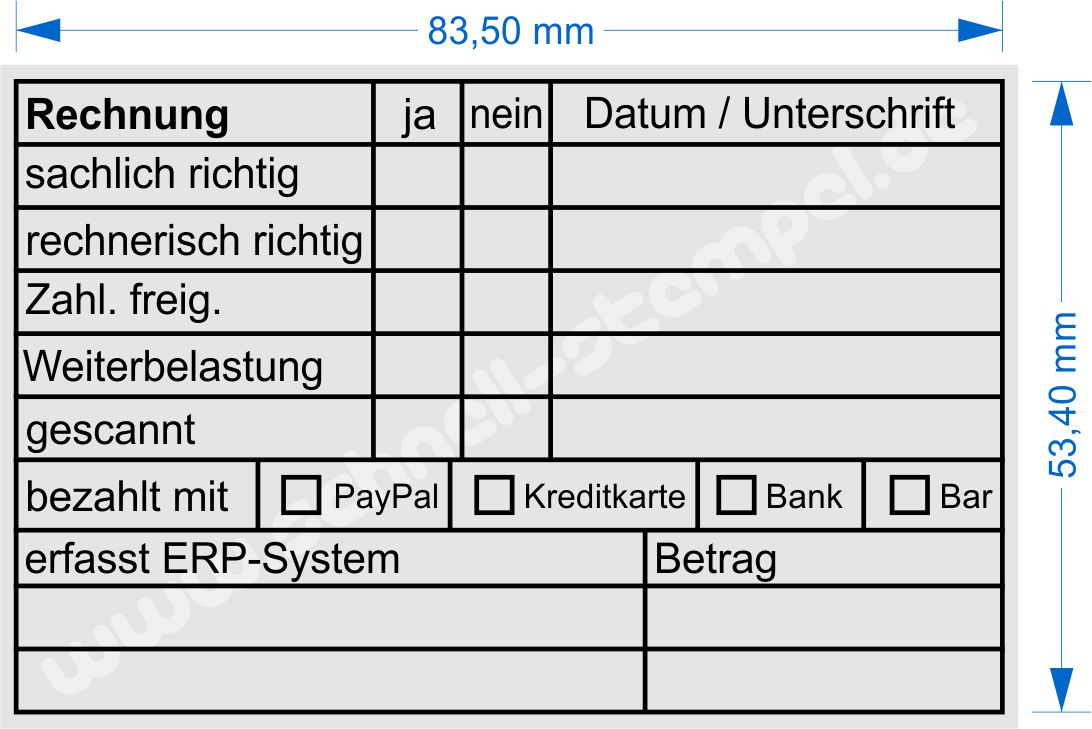 Stempel-Rechnungspruefung-Rechnungseingang-Kostenstelle-Projekt-Nummer-Datum-Kuerzel-sach./rechnerischi.O.-gebucht-angewiesen-Lastschrift-PayPal-Ueberweisung-Kreditkarte-Buchung-Belegnummer-Anmerkung-gescannt