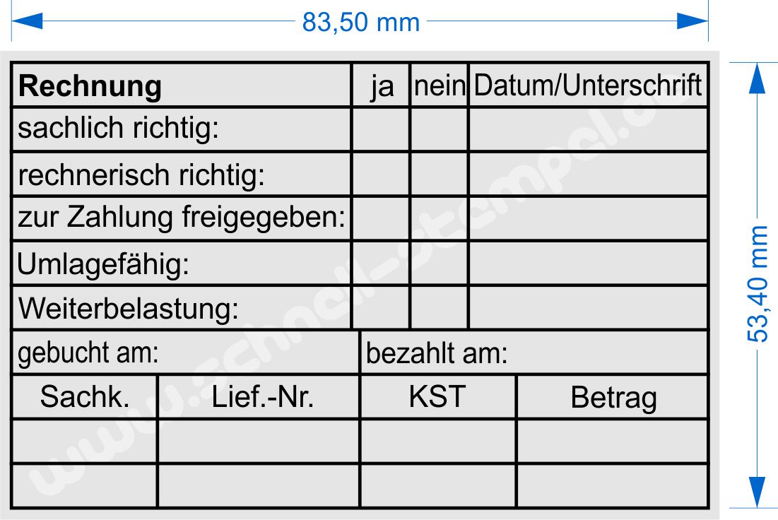 Stempel-Rechnung-sachlich-rechnerisch-Zahlung-freigegeben-Umlagefaehig-Weiterbelastung-gebucht-bezahlt-Sachkonto-Lieferantennummer, Kostenstelle-Betrag-Datum-Unterschrift