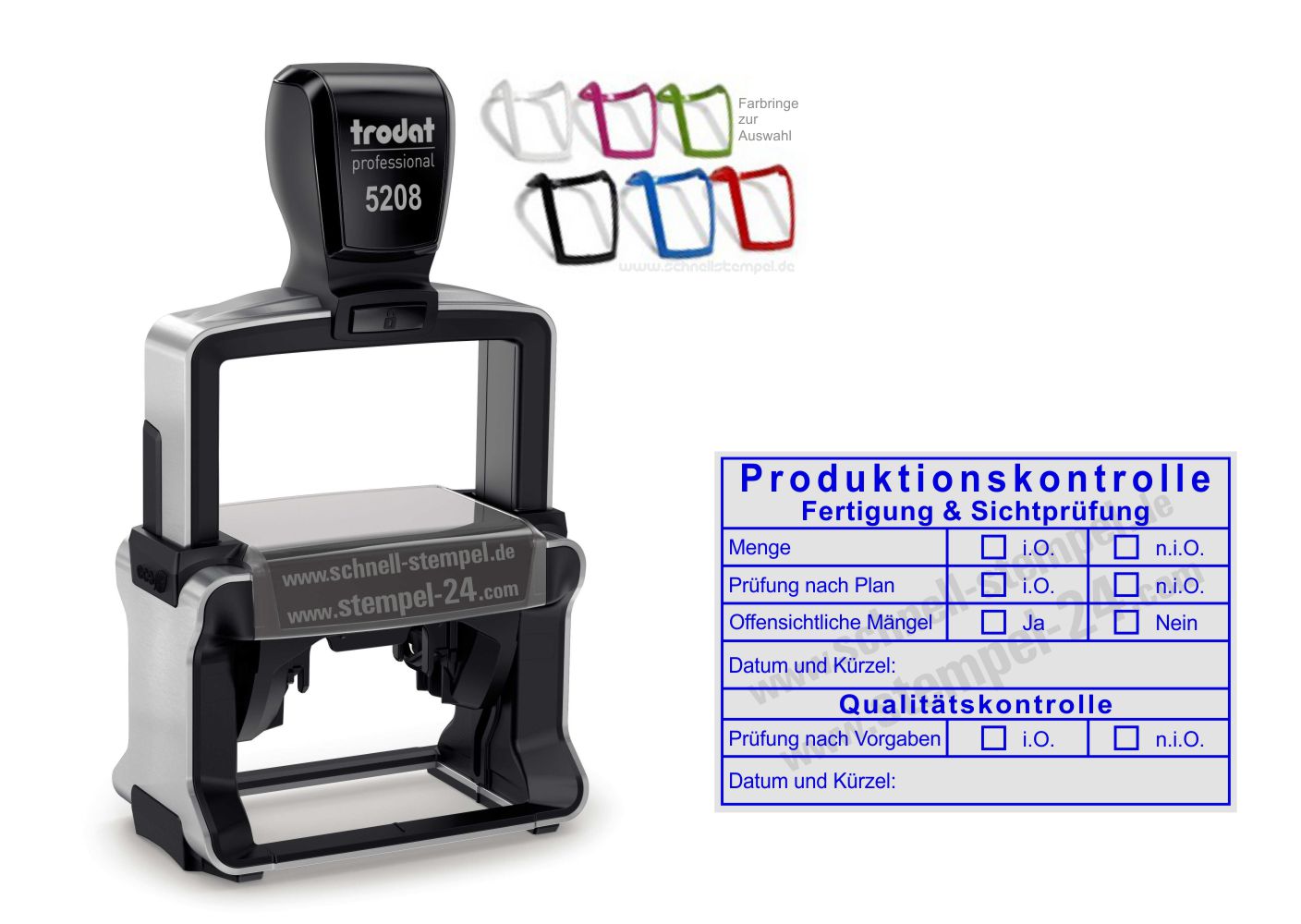 Industrieller Prüfstempel mit klar lesbarem Abdruck „Produktionskontrolle – Fertigungsprüfung – Sichtprüfung – Qualitätskontrolle“. Der Stempel liegt auf einem Prüfprotokoll bzw. Produktionsdokument und symbolisiert die Kennzeichnung geprüfter Bauteile, Wareneingänge und Fertigungsprozesse. Ideal für Qualitätssicherung, industrielle Fertigung und dokumentierte Prüfabläufe. Sichtbare Markierung für „geprüft“, „kontrolliert“ und „freigegeben“, wie sie in Produktion, Lager und QS‑Prozessen üblich ist